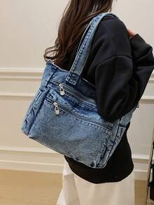 Túi tote jeans nhiều ngăn thời trang mới, túi đeo vai cỡ lớn đa năng dành cho nữ, túi đi học kiểu sinh viên, túi đeo chéo jeans cỡ trung, phù hợp cho đi làm, mua sắm, sử dụng hàng ngày và đi học, hoàn hảo cho phong cách cao bồi. - Màu xanh lam - Xem 4