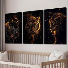 3Pcs Canvas Painting,2D Canvas Painting, Tiger And Leopard Canvas Art Print Golden Flame, High-Definition Wall Decoration, Suitable For Living Room, Bedroom, Office, Wrapped Canvas Painting, Pine Wood Frame, Indoor And Outdoor Use, Modern Classic Style, Indoor Wall Art, Modern Wall Art Wrapped Canvas Painting , Wooden Framed Art,High Quality ,Thickness 2. 25cm/1inch Wall Art Prints Poster Direct Hanging Decor For Home Gifts,Living Room, Bathroom, Bedroom, Kitchen,Bar,Office - 黑色 - 查看 3