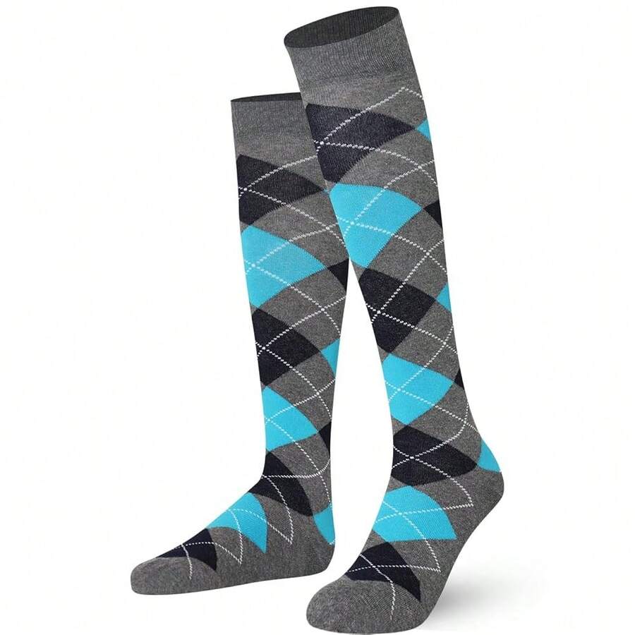 Mysocks Unisex Knee High Long Socks Argyle,8-11,AshNavyTurquoise - 灰色海軍藍綠松石色 - 查看 1