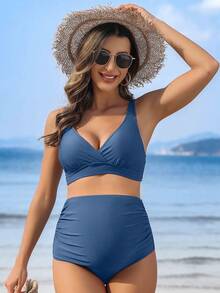 Conjunto de bikini de unicolor con pliegues para mujeres embarazadas - Azul Marino - Ver 4