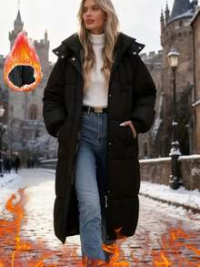 Women's Casual Solid Color Hooded Jacket With Pockets, Thick For Autumn/Winter - Black - View 3