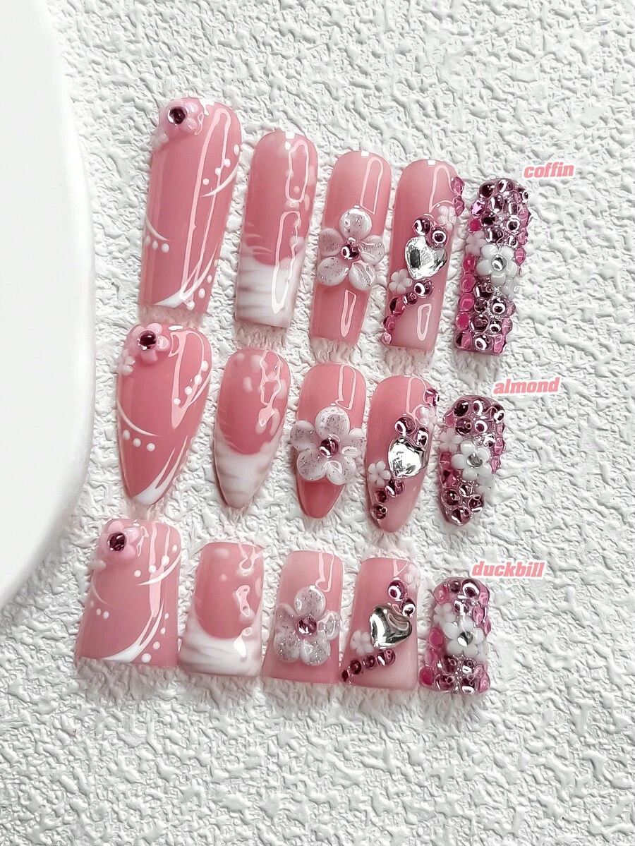 10pcs Shiny Pink Nail Art Set, White 5-Petal Flower Press-On Nail Stickers, Pink Leopard Print Decorations, Heart-Shaped Nail Accessories, Romantic Theme Nail Art, 3 Sizes Available: Almond, Square, Stiletto Nail Stickers, Suitable For Parties, Weddings, Dates And Daily Wear, Includes Tool Kit (1 Jelly Sticker + 1 Nail File), An Excellent Nail Art Gift For Women And Girls. Nails Nail Supplies Handmade Press On Nails - 彩色 - 查看 1