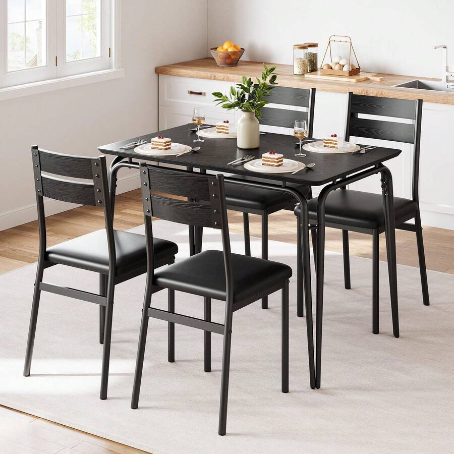 Huisuilinss 5 Piece Dining Table Set,Kitchen Table And Chairs For 4,Rectangular Metal Wood Modern Dinner Table Set With 4 Upholstered PU Leather Chairs For Kitchen Dining Room Apartment - negro - Ver 1