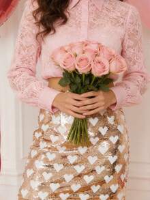 Sparkly Pink Sequin Heart Mini Skirt - Valentine's Day Glittery Party Clubwear For Women - 金色 - 查看 2