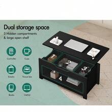Lift Top Coffee Table With Hidden Compartment And Open Shelf Rising Tabletop Dining Table For Living Room Office Reception Convertible Center Table Black - Black - View 6