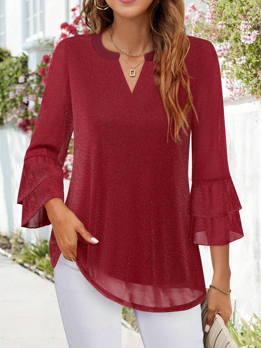 CheersLife Blusa casual/formal para mujer, manga 3/4 acampanada, camisa de malla de doble capa con cuello en V, primavera - Burdeos - Ver 1