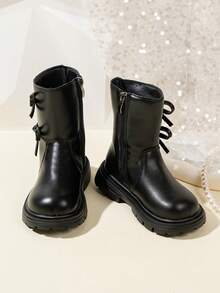 1 Pair Beige & Black Soft Comfortable PU Leather Knee-High Boots For Toddler/Little Girls, With Bow, Zipper, Round Toe, Warm Lining, Classic High Boots, Suitable For 3-15 Years Old Girls For Daily, Vacation, School Wear In Autumn/Winter - Black - View 4