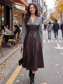 Vestido midi feminino elegante em couro PU marrom escuro com contraste de cores sólidas, modelo blazer com lapela e botões frontais, estilo coreano casual de negócios, ideal para o Ano Novo, primavera, outono e inverno, Natal e outras ocasiões formais. Um look elegante e moderno para mulheres. - Castanho Café - Ver 7