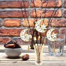 1pc Moon Festival Wooden Plaque Decor, Middle Eastern Holiday Party Supplies, Wooden Star & Moon Hanging Decor, Ramadan Eid Hollow Star Moon Tassel Wooden Hanging Ornament, For Door Window Wall Decoration - Platinum - View 11