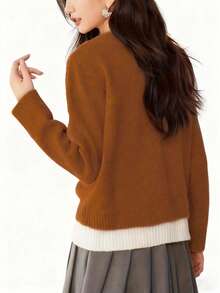Floral Applique Loose Casual Knit Cardigan, Sweet Style - Brown - View 5