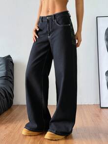Women's Hip Hop Graphic Baggy Jeans Wide Leg Mid-Low Waist Jeans Loose Boyfriends Jeans 90s Vintage Denim Pants,Spring Clothes For Women - màu đen - Xem 5