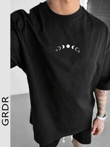 GRDR 男士时尚月相印花圆领短袖T恤，舒适又时尚 - 黑色 - 查看 1