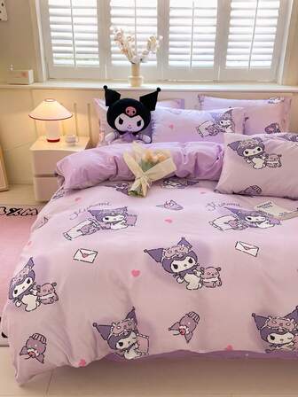  Sanrio Cute Print 3pcs Bedding Set - Kuromi(1pc Duvet Cover + 2pcs Pillowcase, No Filling) Cartoon Full Size, Soft & Comfortable, Suitable For Dorm, Home Bedroom, Hotel, All Seasons, With Zipper Closure And Pillowcase, Multi-Color Durable, Oversized Bedding, Oversized Duvet Cover Set