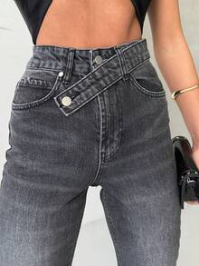 SQUALO Women's Wide Leg Color With Pocket Details Destroyed Retro Washed Street Style Jeans Ripped And Cutout Wide Leg Jeans - Dark Grey - View 6