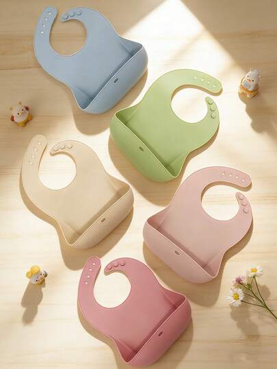 Infant Silicone Bib, Adjustable Large Pocket Drool Bib With Button Design, Easy To Carry