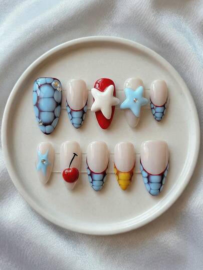 10PCS Y2K Nails Medium-Long Almond Handmade Press-On Nails - Blue Yellolw Gradient French Tip Nails With 3D Cartoon Star Cherry Design, Glitter& Cherry; Removable Reusable Nail Set (Jelly Glue & Nail File Incl.) - Christmas Nails New Year Nails Perfect For Daily Wear & Parties