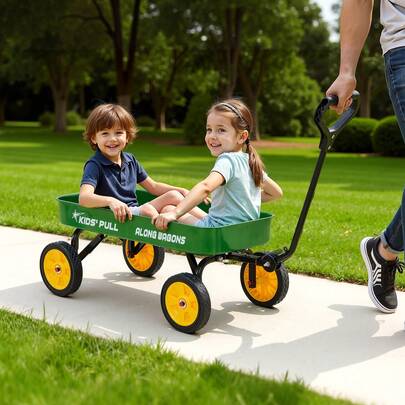 Pull-Along Wagon For Kids, 39 Inch Toddler Wagons, Supports Up To 176 Lbs, All-Terrain Wagons With Handle, Utility Wagon Cart Birthday Present For Kids Gardening Beach Camping, Green