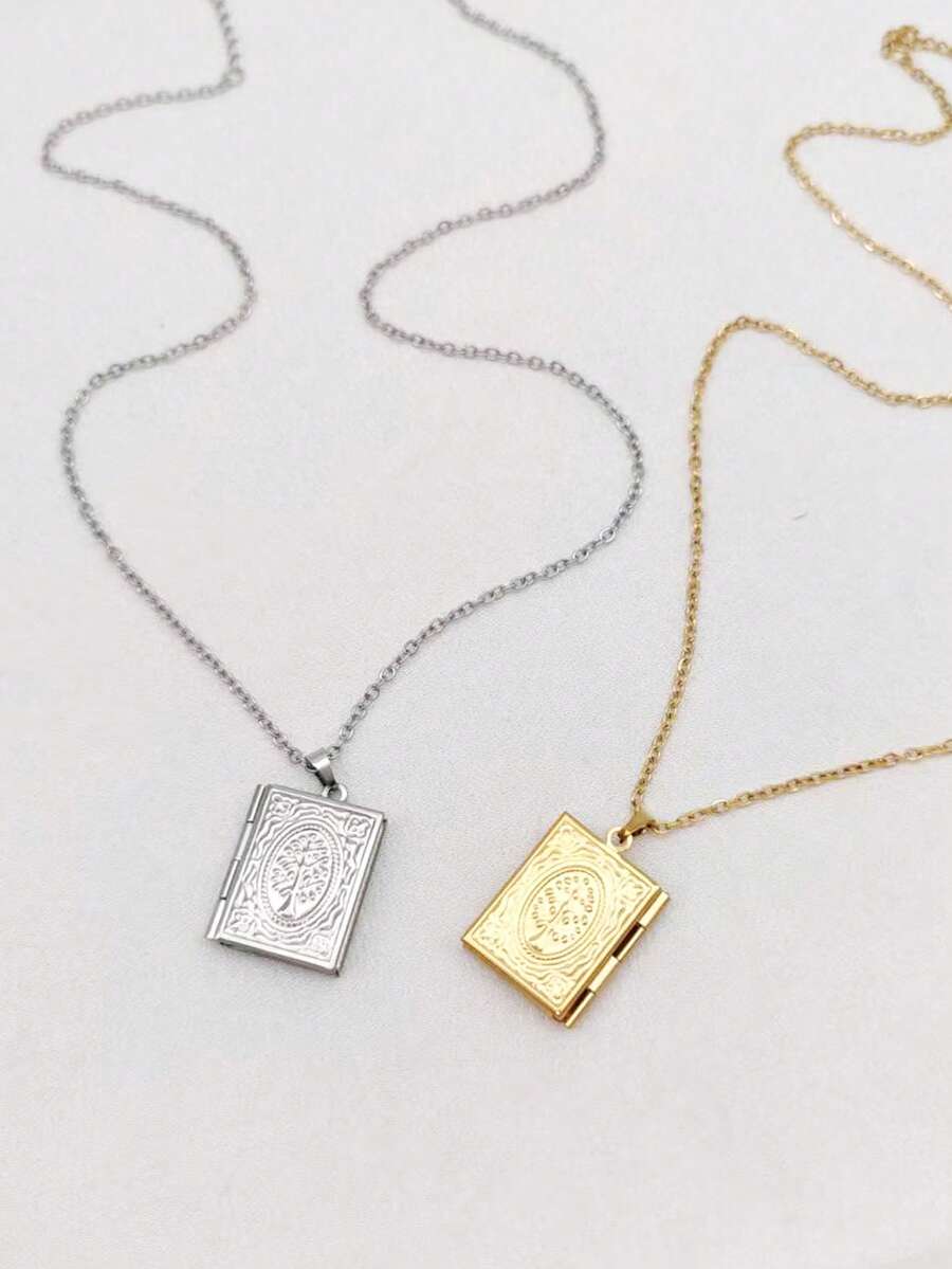 1pc 18K Gold Plated Stainless Steel Hollow Vintage French Style Tree Of Life Square Book Locket Pendant Necklace, Simple & Elegant Design For Men & Women, Affordable Jewelry Gift For Valentine's Day - Multicolor - View 1