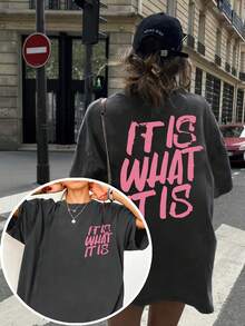 CHICLY19 It Is What It Is Quote Graphic Cotton Tee, Women's Oversized Casual Slogan T-Shirt, Crew Neck Short Sleeve Loose Fit Dark Gray Top, Aesthetic Minimalist Streetwear Cotton Tee For Everyday - Dark Grey - View 12