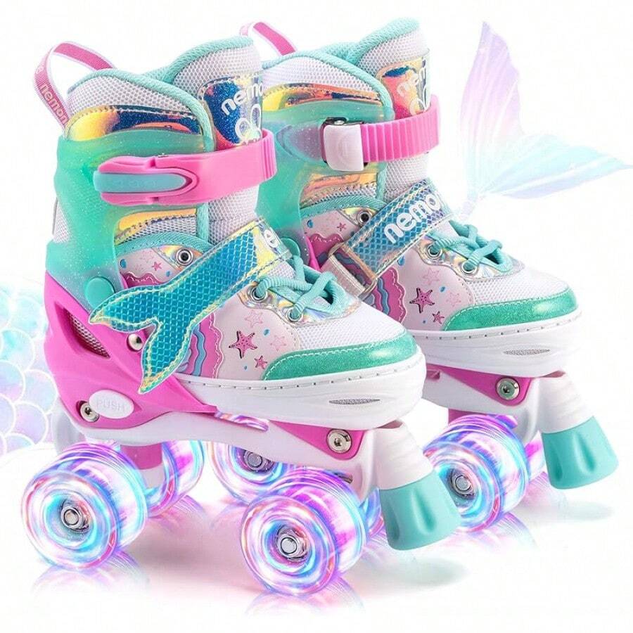 NewNEMONE Mermaid 4 Size Adjustable Light Up Roller Skates For Girls, Purple Blue Skates For Toddlers, Beginner Kids Butterfly Roller Skates Indoor OutdoorSeasonal Gifts - B-美人魚-綠粉紅色 - 查看 1