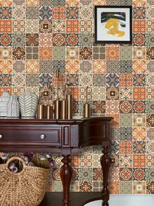 BVL 1 Roll 3 Meters/5m Removable Self-Adhesive Vinyl Wallpaper, Vintage Ceramic Tile Bohemian Mandala Pattern, Moroccan Style, DIY Home Decor Wall Sticker, Living Room, Kitchen Decor - Multicolor - View 7
