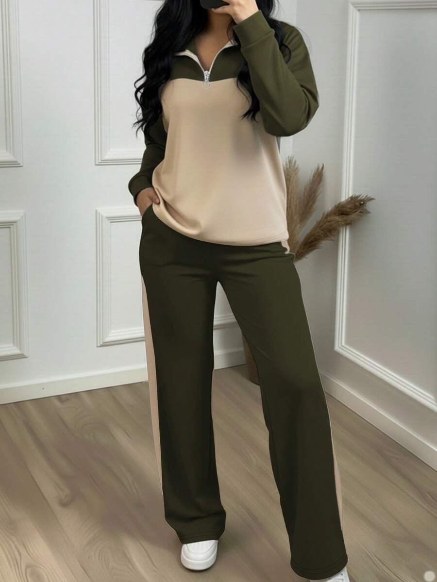 Conjunto casual de mujer, blusa suelta con cuello y pantalones de pierna ancha, conjunto de 2 piezas, otoño/invierno - Albaricoque + Verde militar 40 - Ver 1