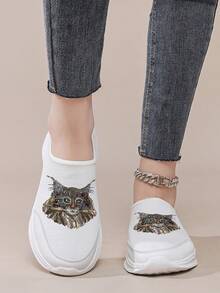 ET015-W003 黑色 2D 猫咪印花刺绣套脚鞋，创意猫脸刺绣，透气舒适休闲鞋，耐穿防滑 - 白色 - 查看 18