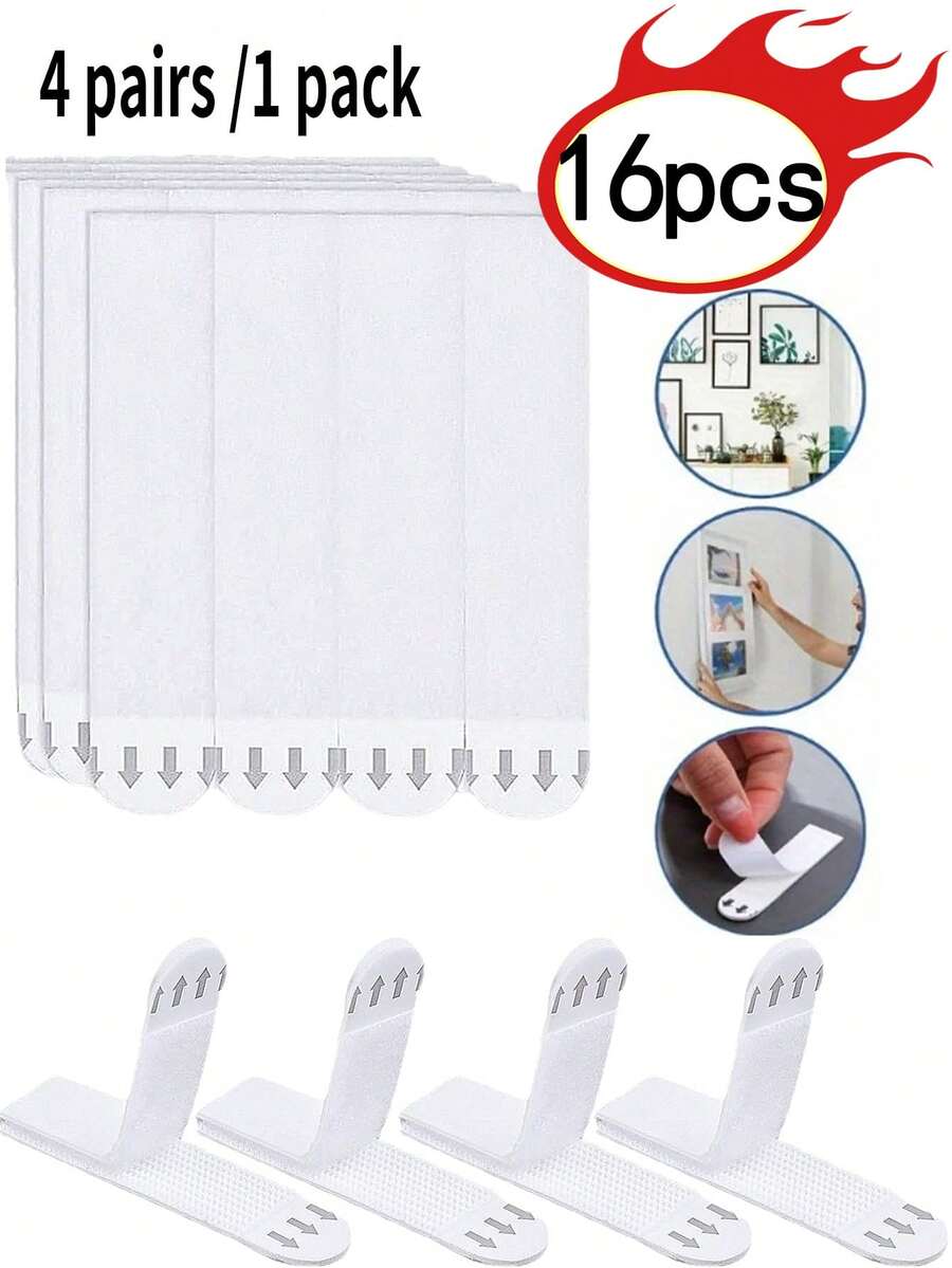 4 Pairs/Pack Reusable Adhesive Tape, Easy To Install Double-Sided Tape, Non-Damaging Frame Tape, Removable Magic Tape, No Drill Wall Hanging, Suitable For Frames, Photos, Certificates, Sockets, Phones, Remotes And Various Household Items, Non-Destructive Wall Hooks, Tool-Free Removable Adhesive Tape - Multicolor - View 1
