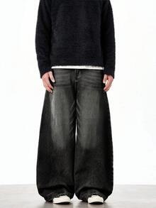 1 pieza Jeans de pierna ancha y corte holgado con lavado vintage de la marca Justice Brother, estilo casual y de pareja (bajo deshilachado) - Negro - Ver 4