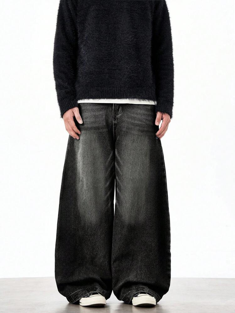 1pc Justice Brother Vintage Washed Loose Fit Wide Leg Jeans, Casual & Couple Style (Distressed Hem) - Black - View 4