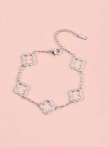 1pc Fashionable Women's Bracelet With Lucky Four-Leaf Clover Design, Inlaid With Cubic Zirconia, Ideal Gift For Valentine's Day, Birthday, Mother's Day, Girlfriend, Daughter - Silver - View 2