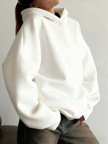 Minimalist Design Women Loose Fit Long Sleeve Pullover Hoodie, Suitable Autumn, Winter, Spring, Halloween Costume, Casual Outerwear, Black, Fashion, Women Sweatshirt - 白色 - 查看 12