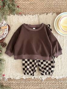 2pcs/Set Baby Boy Casual Solid Color Crew Neck Long Sleeve Sweatshirt And Checkerboard Long Pants, Spring/Autumn - Brown - View 5