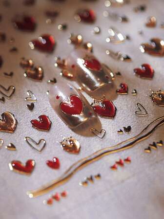 1pc Valentine's Day Nail Stickers, 1 Sheet Shiny Gold Laser Heart & Bow Nail Art Stickers, 3D Embossed Self-Adhesive Nail Decals, DIY Nail Art Decorations