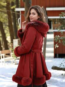 Giolshon Women's PU Leather Jacket With Faux Fur Lining, Hood And Belt - Minimalist Fashion, Suitable For Autumn/Winter - 酒紅色 - 查看 11
