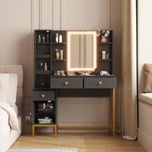 Tocador con luces, 3 modos de iluminación, escritorio con estación de carga, taburete acolchado suave, tocador moderno con 3 cajones, armario y estantes abiertos para dormitorio. - Negro - Ver 2