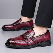 Men's Brown Crocodile Pattern Double Button Loafers, One Foot Business Shoes, Light Luxury Gentlemen's Daily Formal Shoes - 酒紅色 - 查看 4