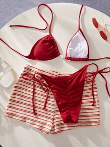 3pcs Women's Swimwear Bikini Set, Elegant Sexy Striped Printed Triangle Swimwear, Suitable For Vacation, Beach, Pool And Sports Wear, Suitable For Autumn, Winter, Spring And Summer, Bohemian, Country, Club, Office Vacation Outfit - Red - View 8