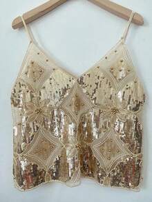 Women's Semi See Through Sparkly Tank Top Y2K Sleeveless V Neck Floral Sequin Camisole Glitter Top Party Club Rave Outfits - Màu be - Xem 1