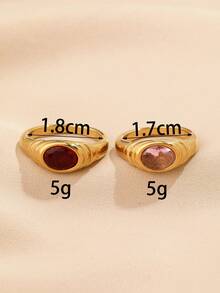 1 pieza/2 piezas Juego de anillos minimalistas de acero inoxidable dorado, incrustados con gemas rosas y rojas, adecuados para uso diario de adolescentes o como regalo - Dorado - Ver 4
