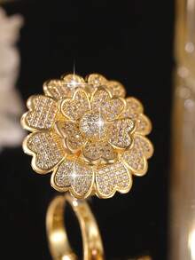 1pc Luxurious Large Floral Cubic Zirconia Engagement Ring, Elegant Romantic Unique Design, Adjustable Size, Suitable For Daily Wear, Engagement, Party, Jewelry Accessories And Gifts - Yellow Gold - View 5
