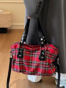 Plaid Tote Bag For Women, Large Capacity Commuter Handbag With Rhinestone Decor, Unique Shoulder Bag - Burgundy - View 7