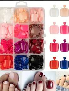 12包288片亮面按压式脚趾甲，短方形全覆盖亚克力假脚趾甲，红黑配色，女士美甲装饰，12种尺寸，12包脚趾甲按压式美甲用品 - 彩色 - 查看 3