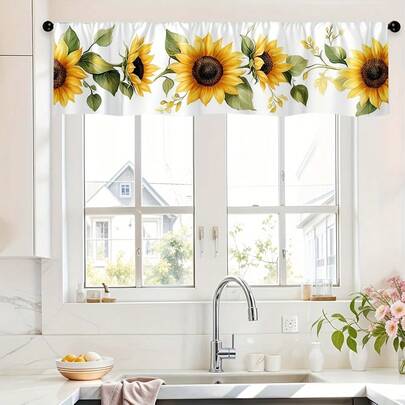 1pc Sunflower Country Dance Printed Curtain - Rustic Floral Design, Durable Polyester With Rod Pocket For Easy Installation, Semi-Transparent Light Filtering, Machine Washable - Perfect For Short Windows In Living Room, Kitchen, Bedroom, Café & Holiday Home Decor, Elegant Living Room Curtains, Kitchen Window, Semitransparent Material