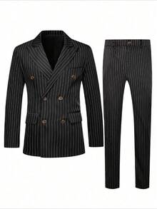 2pcs Men's Suit Set, Vertical Striped Double-Breasted Blazer Jacket And Pants, Suitable For Business, Wedding, Party, Formal Occasions - Black - View 3