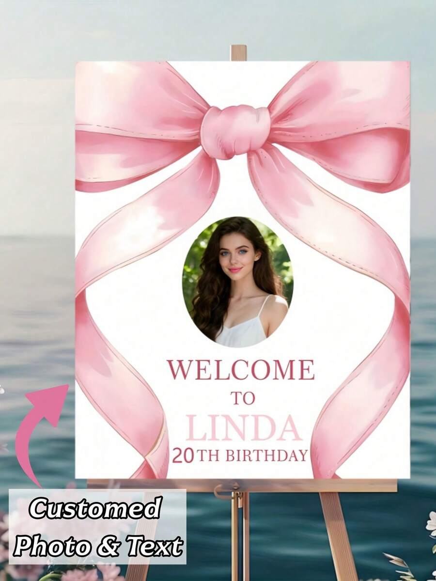 Bảng chào mừng sinh nhật cá nhân hóa, có thể tùy chỉnh với ảnh và tên - Thiết kế nơ và ruy băng màu hồng trang nhã, phông nền tiệc sinh nhật bền chắc có khung, trang trí sinh nhật, quà tặng tiệc độc thân. - Nhiều màu - Xem 1