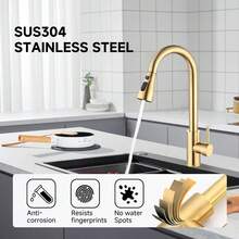 Gold Kitchen Faucet, Brass Kitchen Faucet With Pull Down Sprayer, Single Hole Stainless Steel Brushed Gold Faucet For 3 Hole Kitchen Sink Gooseneck For Commercial Modern Camper RV Farmhouse Bar Sink - Brushed Gold - View 5