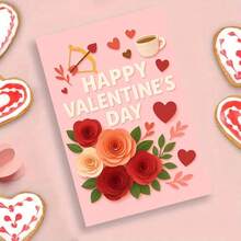 1pc Happy Valentine's Day Roses And Coffee Cupid Card Greeting Card With Envelope Romantic Floral Heart Design Perfect Card For Valentine's Day Celebrations, Ideal For Friends, Colleagues, Partners, Sending Love And Warm Wishes - Multicolor - View 8