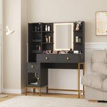 Tocador con luces, 3 modos de iluminación, escritorio con estación de carga, taburete acolchado suave, tocador moderno con 3 cajones, armario y estantes abiertos para dormitorio. - Negro - Ver 4