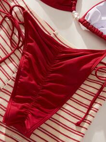3pcs Women's Swimwear Bikini Set, Elegant Sexy Striped Printed Triangle Swimwear, Suitable For Vacation, Beach, Pool And Sports Wear, Suitable For Autumn, Winter, Spring And Summer, Bohemian, Country, Club, Office Vacation Outfit - Red - View 9